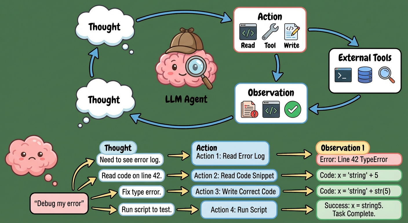 ReAct 框架的 Thought-Action-Observation 循环示意图
