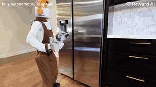 humanoid opening a fridge door to grab a drink